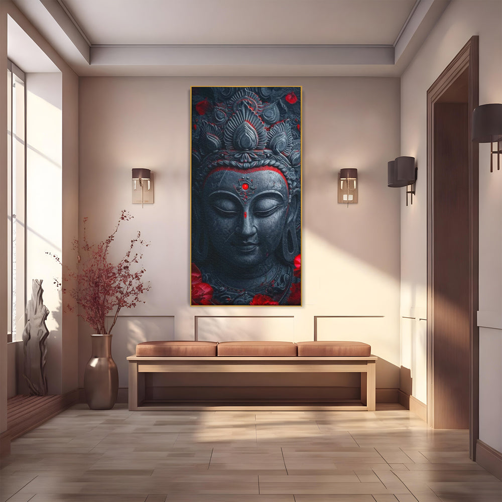 Tablou canvas cu tablou canvas cu capul lui buddha, in rama de aluminiu auriu